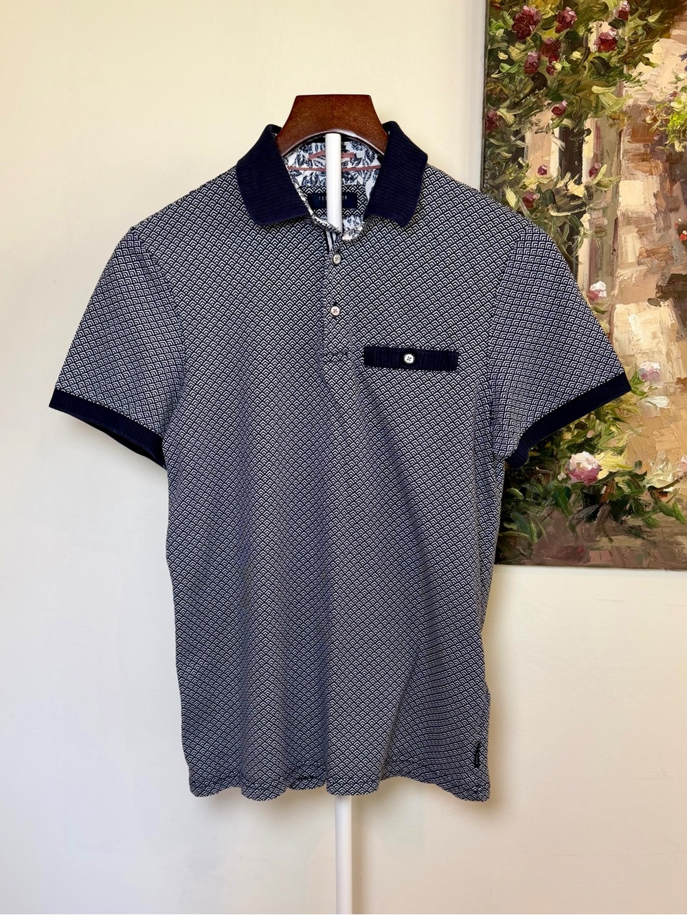 Ted Baker London Sculpt Geo Print Polo Shirt Navy White Men’s XS